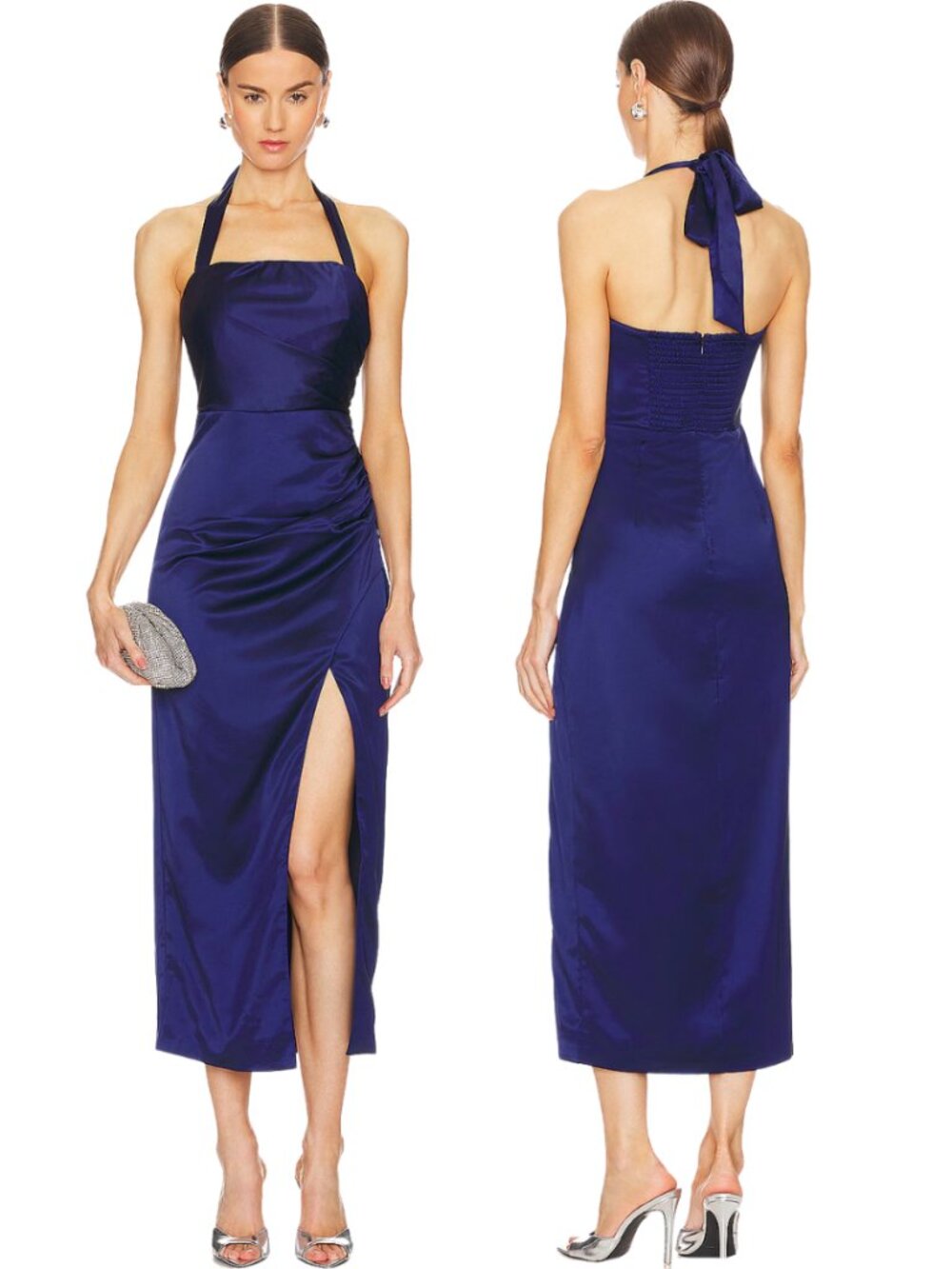 Bardot Satin Halter Midi Dress in Deep Blue
